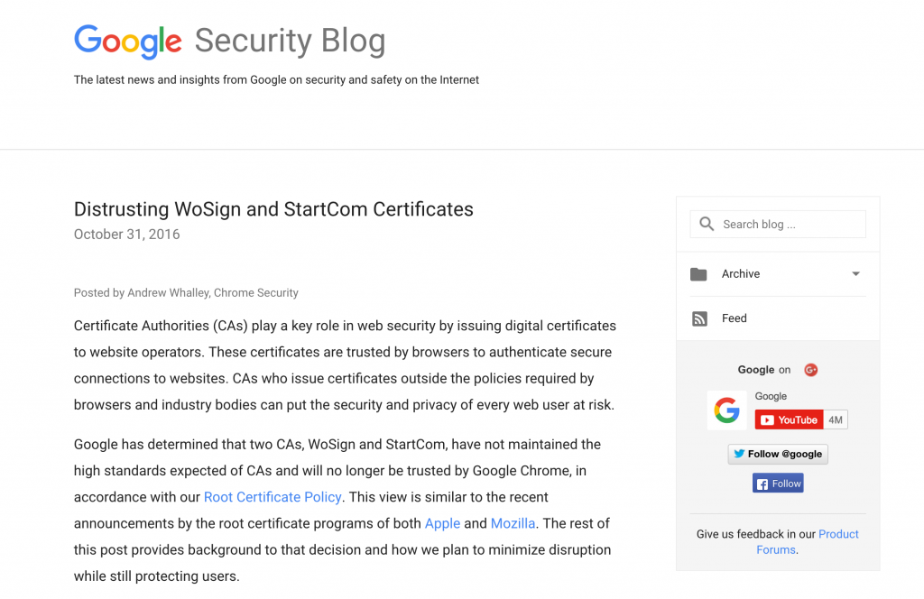 谷歌宣布停止信任沃通和 StartCom